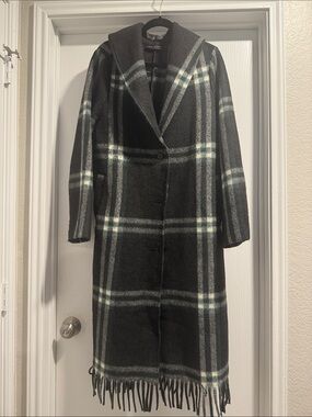 Lane Bryant Black and Gray Plaid Long Fringed Trench Coat